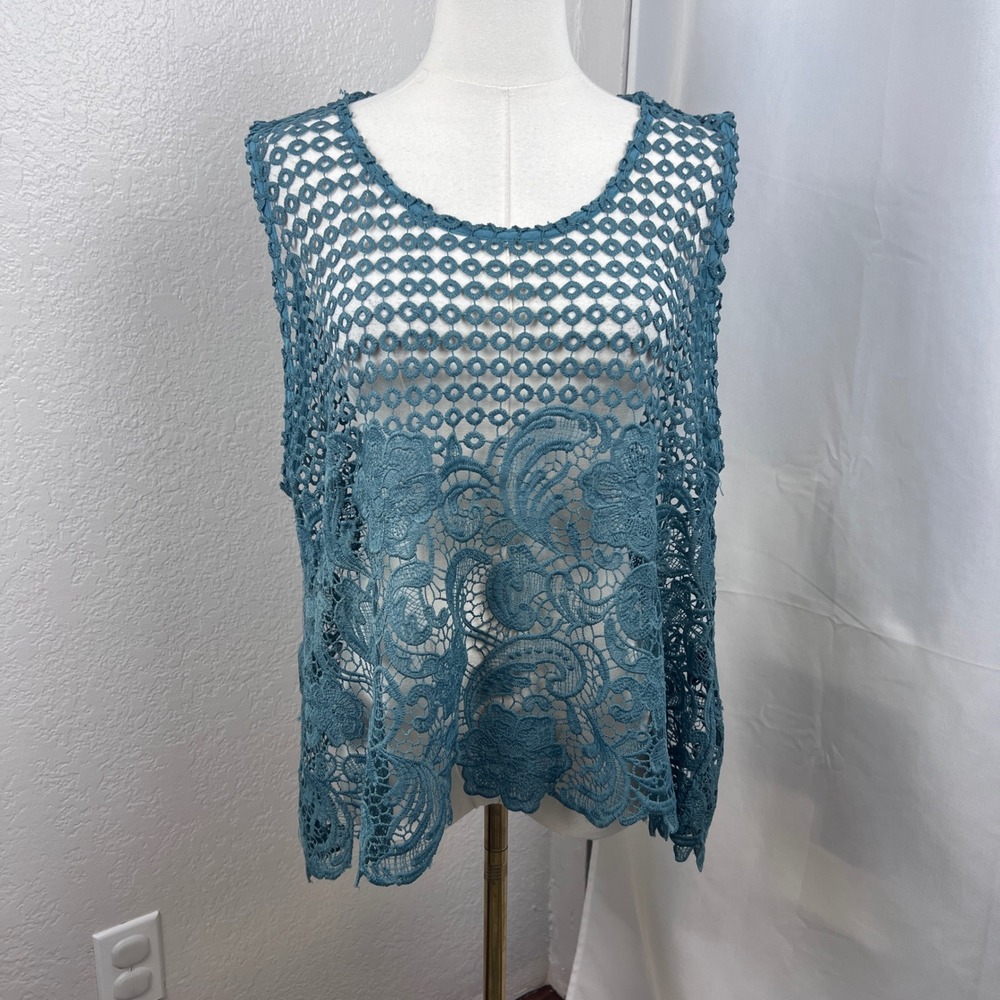 Pretty Angel Sleeveless Crochet Top Womens L Blue Linen Blend Boho Romantic Y2K
